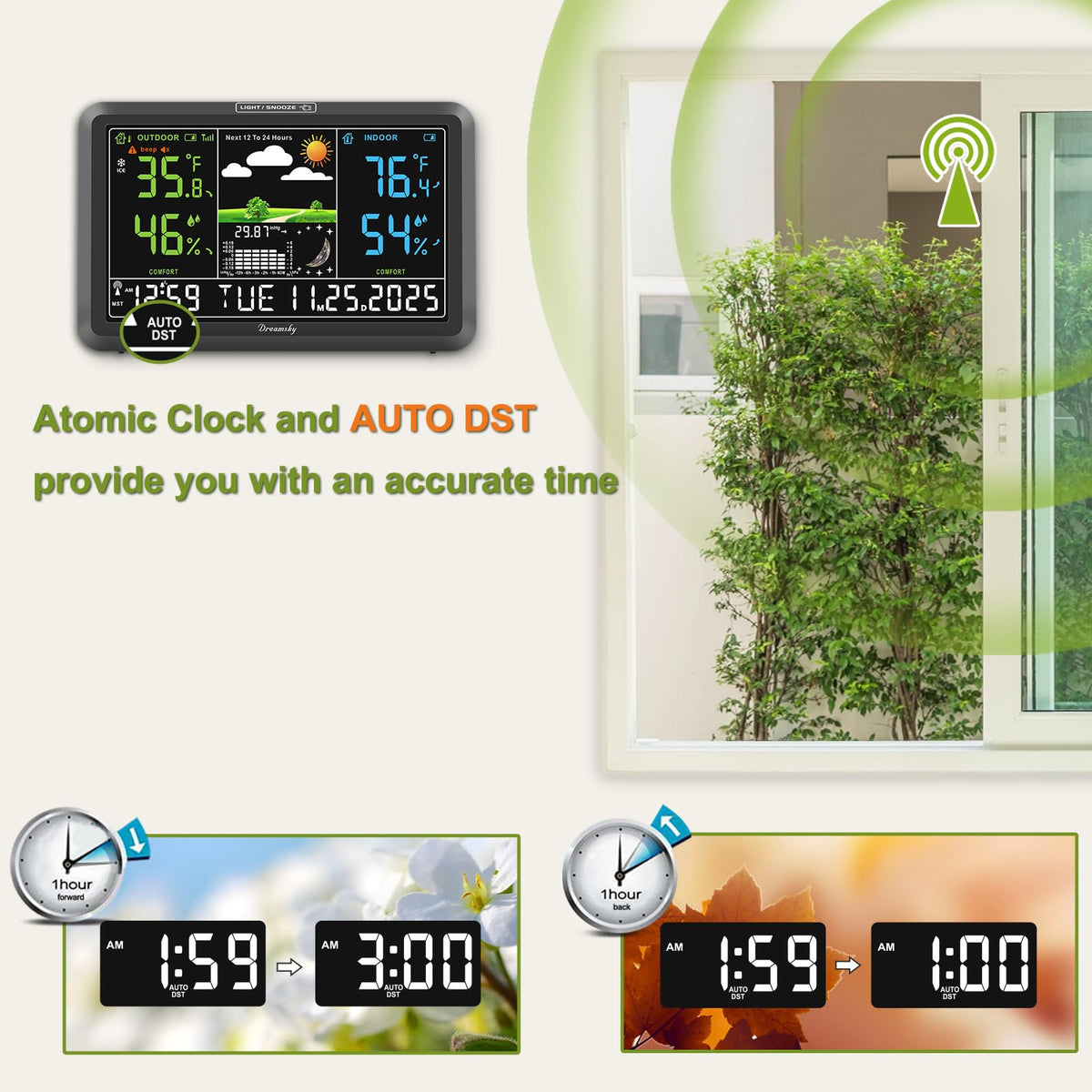 DreamSky Weather Station Indoor Outdoor Thermometer Wireless, Atomic Clock