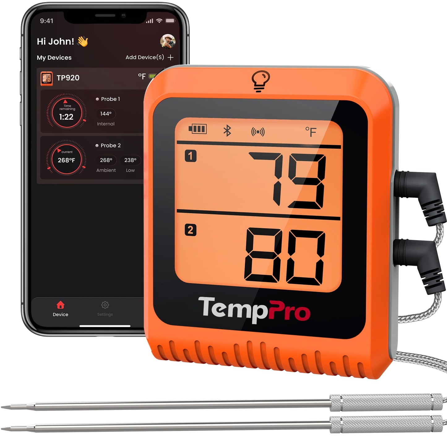 TempPro Wireless Meat Thermometer Digital for Grilling and Smoking, 2 Probes Bluetooth Meat Thermometer for Cooking Turkey Fish Beef, Rechargeable Smoker Accessories for BBQ Oven Gift for Dad