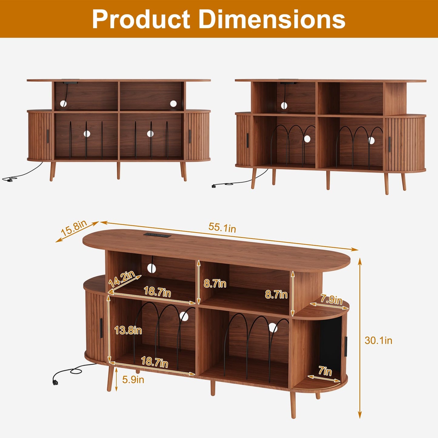 LMSXG-MZ 55.1" Large Record Player Tv Stand with Charging Station & Music-Activated Lights, Mid-Century Modern Vinyl Storage Cabinet W Curved Sliding Doors, Fluted Turntable Stand (Walnut, 55.1")