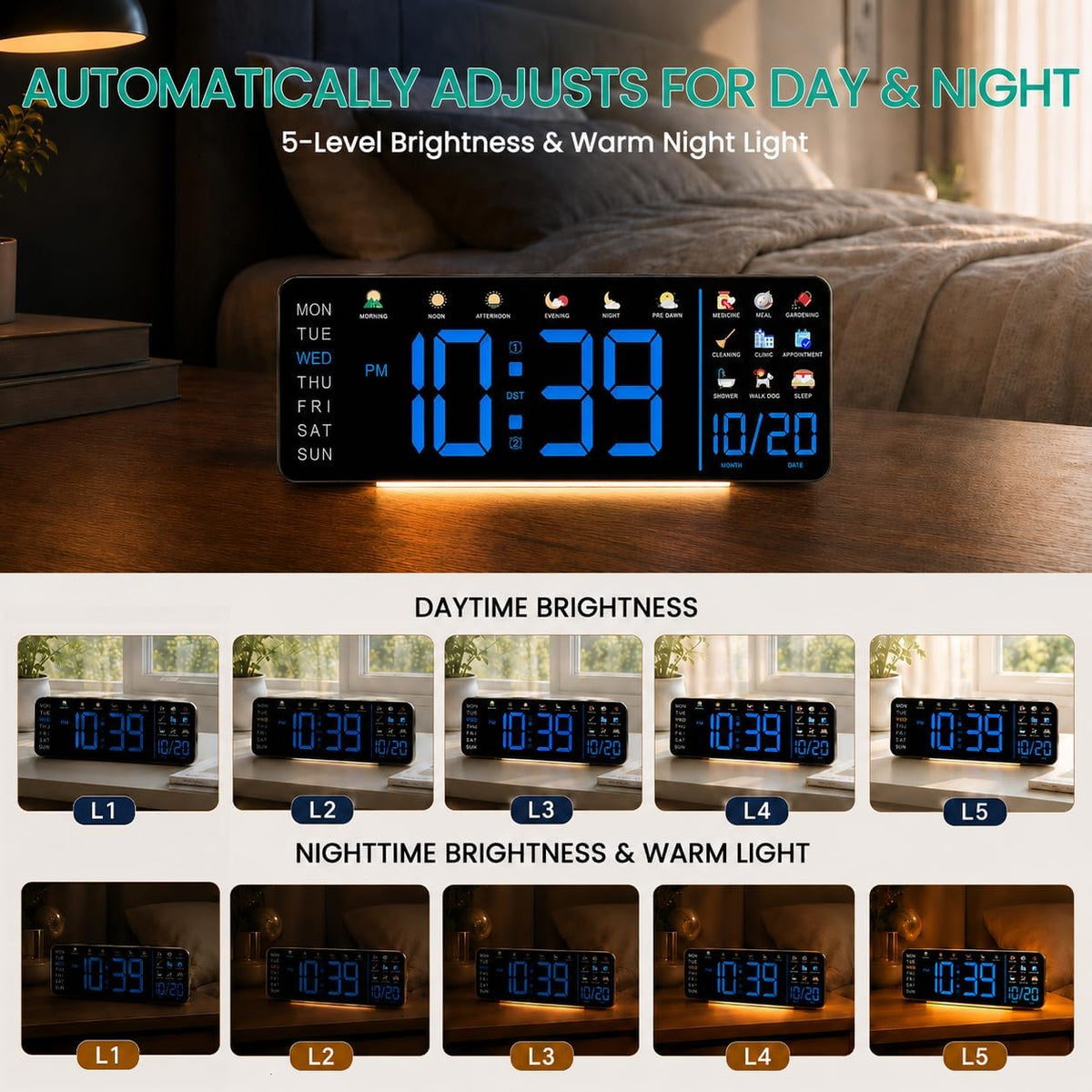 Hoifen 16" Large Digital Wall Clock with Remote, LED Day & Date Display