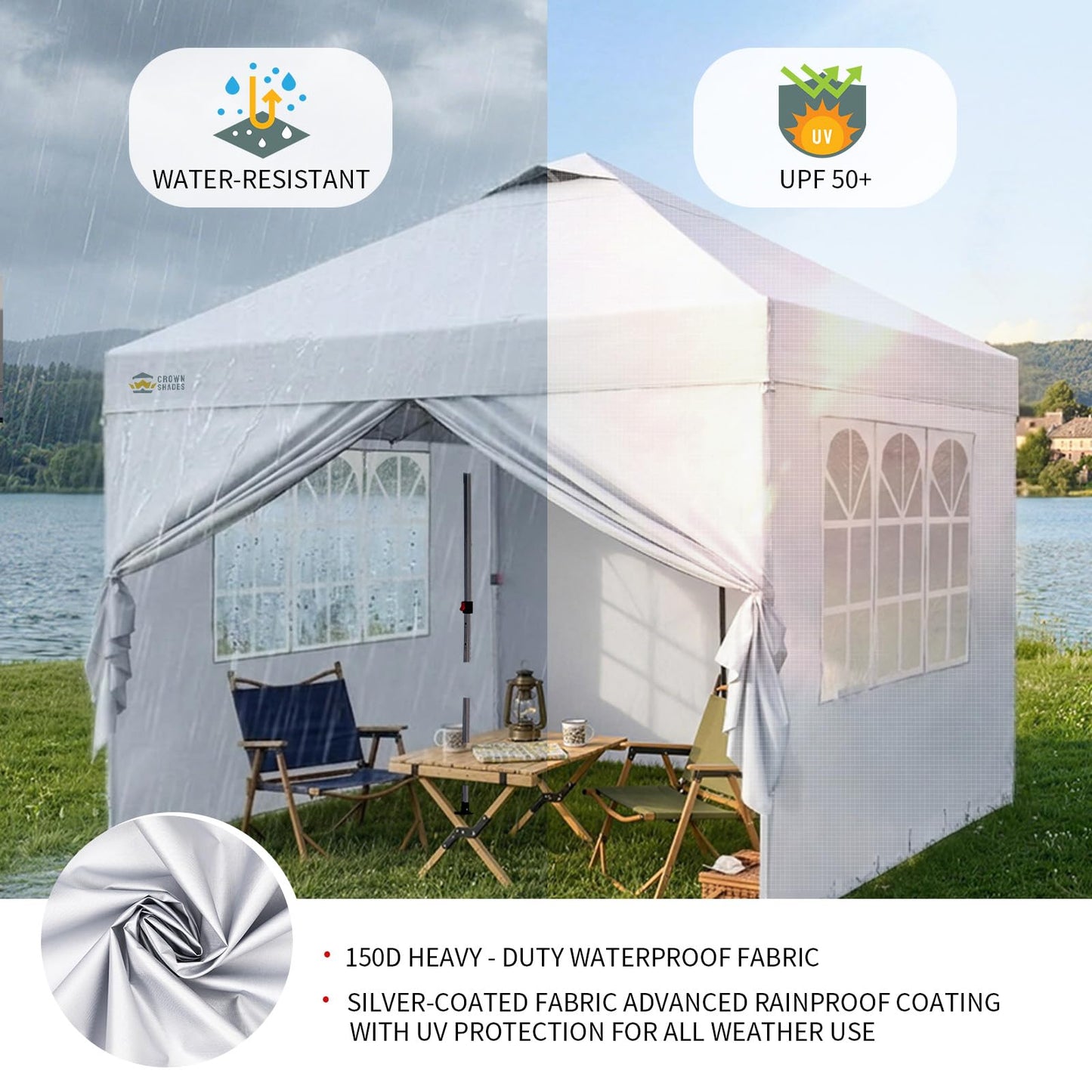 CROWN SHADES 10X10 Pop Up Canopy, Outdoor Camping Canopy Tent, 150D Silver-Coated Fabric, with 4 Sidewalls, 4 Sand Bags, Metal Frame, White