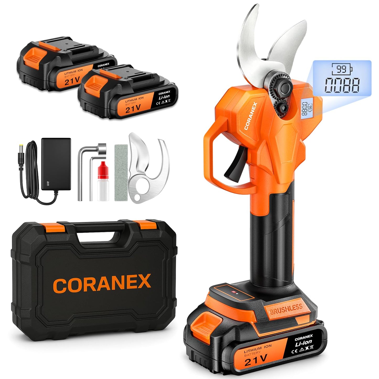 CORANEX 2.05'' / 56 mm Cordless Electric Pruning Shears | Longer Runtime | Brushless Motor | Anti-Slip Handle | Safety Switch | Ideal for Garden, Orchard & Tree Trimming