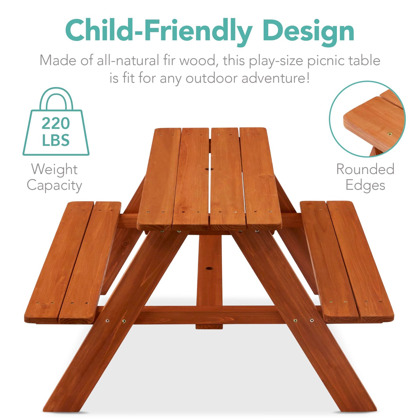 Best Choice Products Wooden Kids Picnic Table with Umbrella, Outdoor Activity Table Set with Built-in Benches, 220 lb Capacity per Bench - Golden Brown/Navy