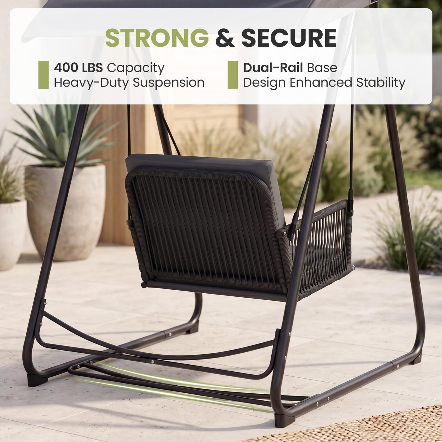 DAYARUS Porch Swing with Stand, Outdoor Swing with Canopy, All Weather Outdoor Swings for Adults, 400lbs Heavy Duty Porch Swings with Removable Cushions, Single Hanging Chair for Small Space, Grey