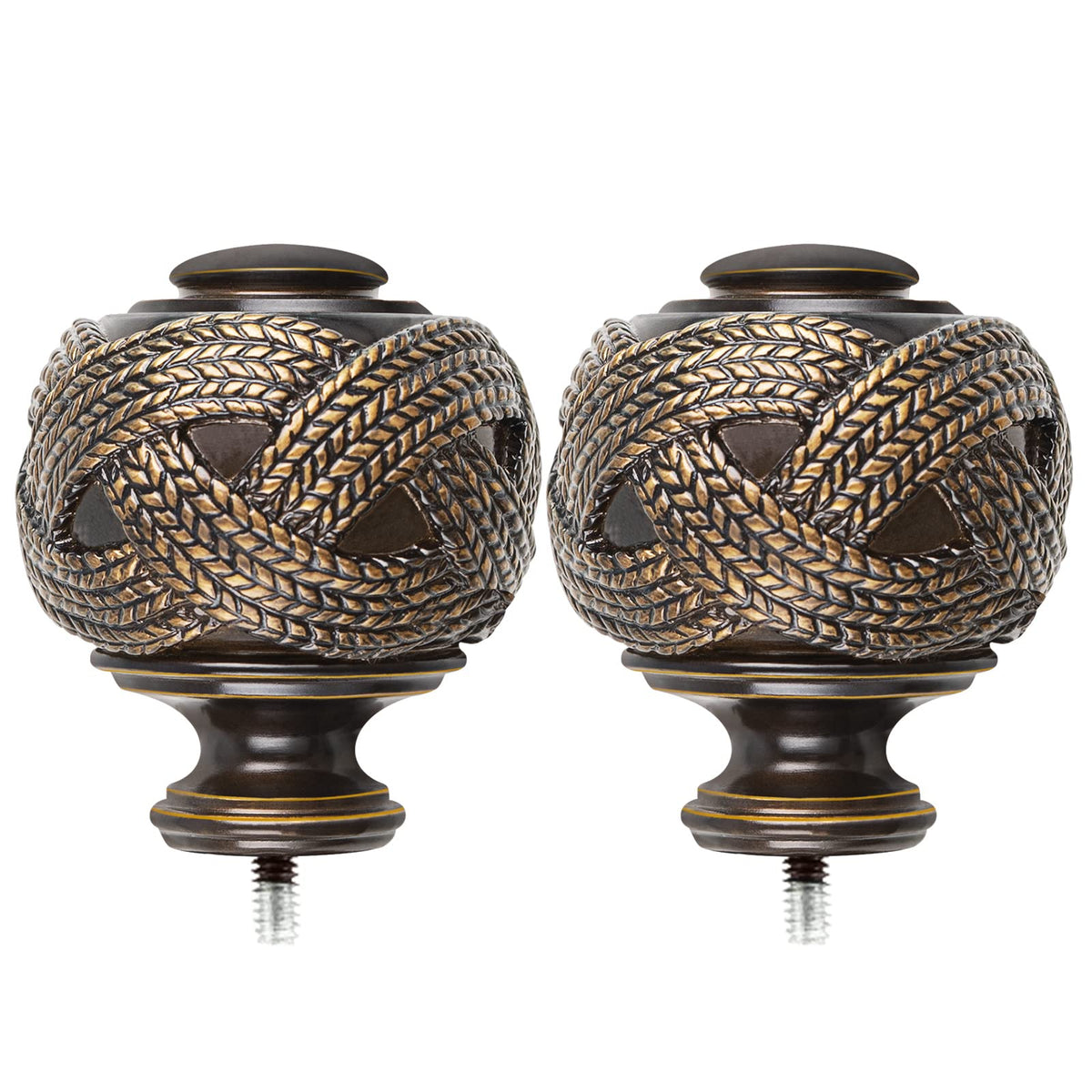 USFOOK Window Treatment Finials for 1 or 7/8 Inch Curtain Rods, Bronze Drapery Rods Replacement Finials with M6 Screws, Woven Leaf Pattern, 2 Pack