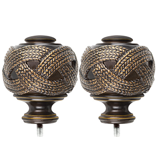 USFOOK Window Treatment Finials for 1 or 7/8 Inch Curtain Rods, Bronze Drapery Rods Replacement Finials with M6 Screws, Woven Leaf Pattern, 2 Pack