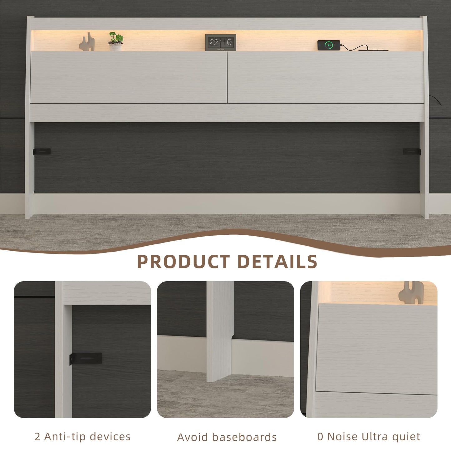 KATYGLORY Headboard Only with St,Modern Headboard with Storage Built-in Power Outlets 2 USB Ports LED Lighting, Gap-Free Wall Design Easy Assembly (White, Queen (U.S. Standard))