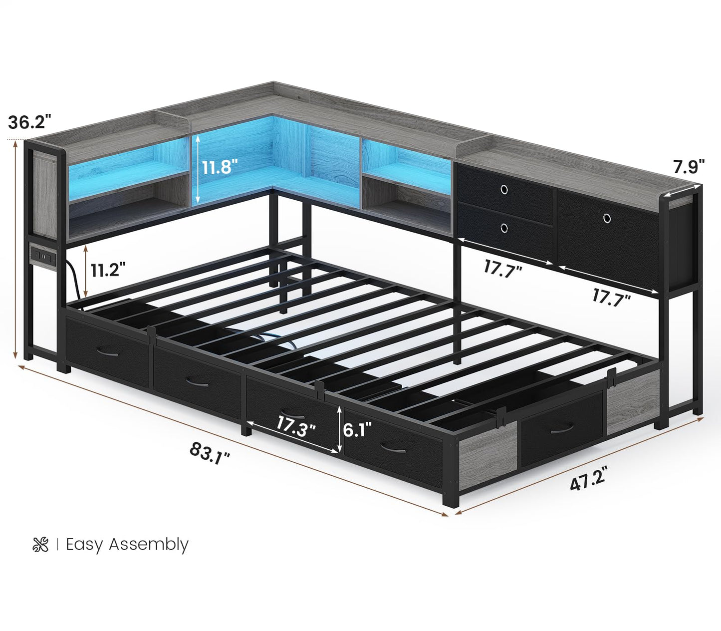 BTHFST Corner Bed Frame with Charging Station & Led Lights, Twin Bed Frame with 8 Storage Drawers & Bookcase, Twin Daybed with Storage Headboard for Kids Guests, Black & Gray