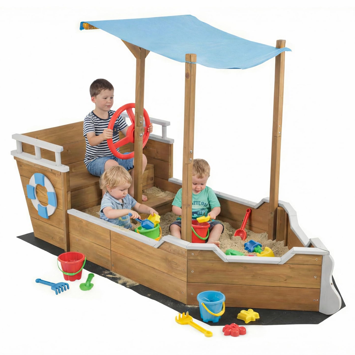 Wooden Kids Sandbox, Ship-Shape Sand Box Toy Box with Bench Seat & Hidden Storage Space, Outdoor Playset, Sand Box Sensory Table for Kids Ages 3-8