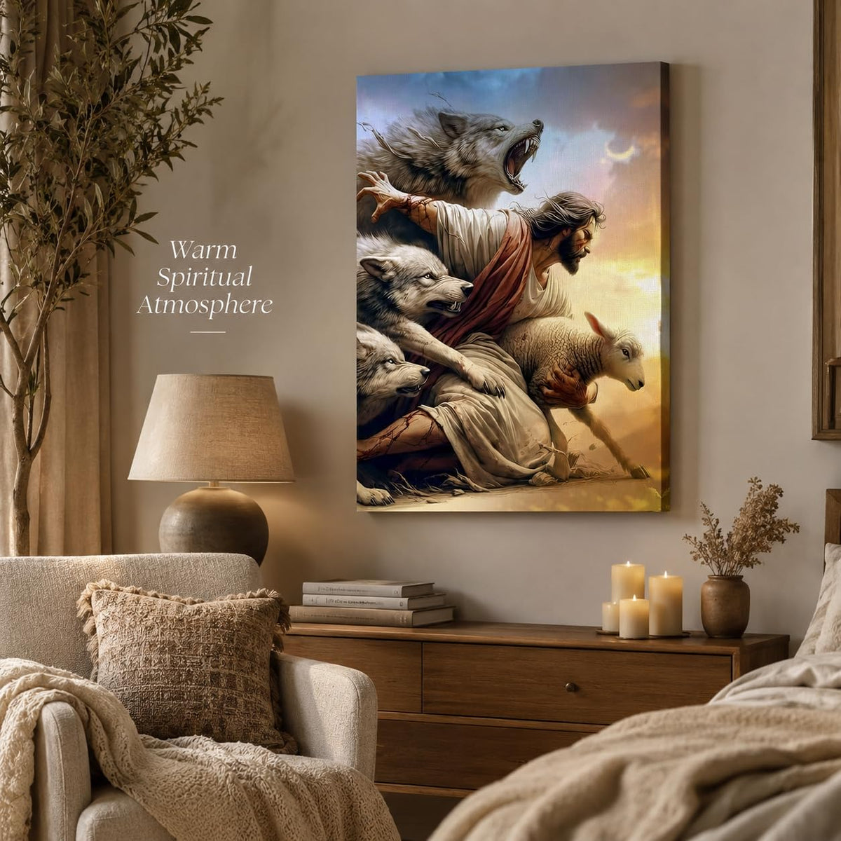 Jesus And Lamb Wall Art Jesus Saves The Lost Lamb Wolf Painting Picture Wall Decor The Shepherd'S Protection Poster Print Artwork t for Living Room Bedroom Church Home Decortion