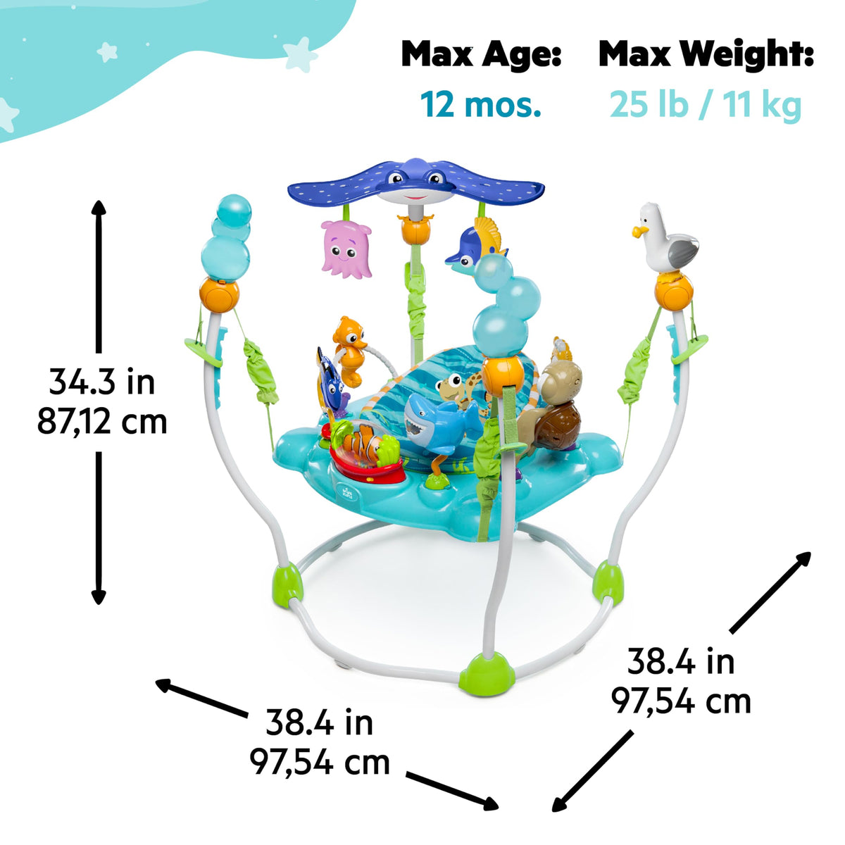 Bright Starts Disney Baby Finding Nemo Sea of Activities Baby Activity Center Jumper with Interactive Toys, Lights, Songs & Sounds, 6-12 Months (Blue)
