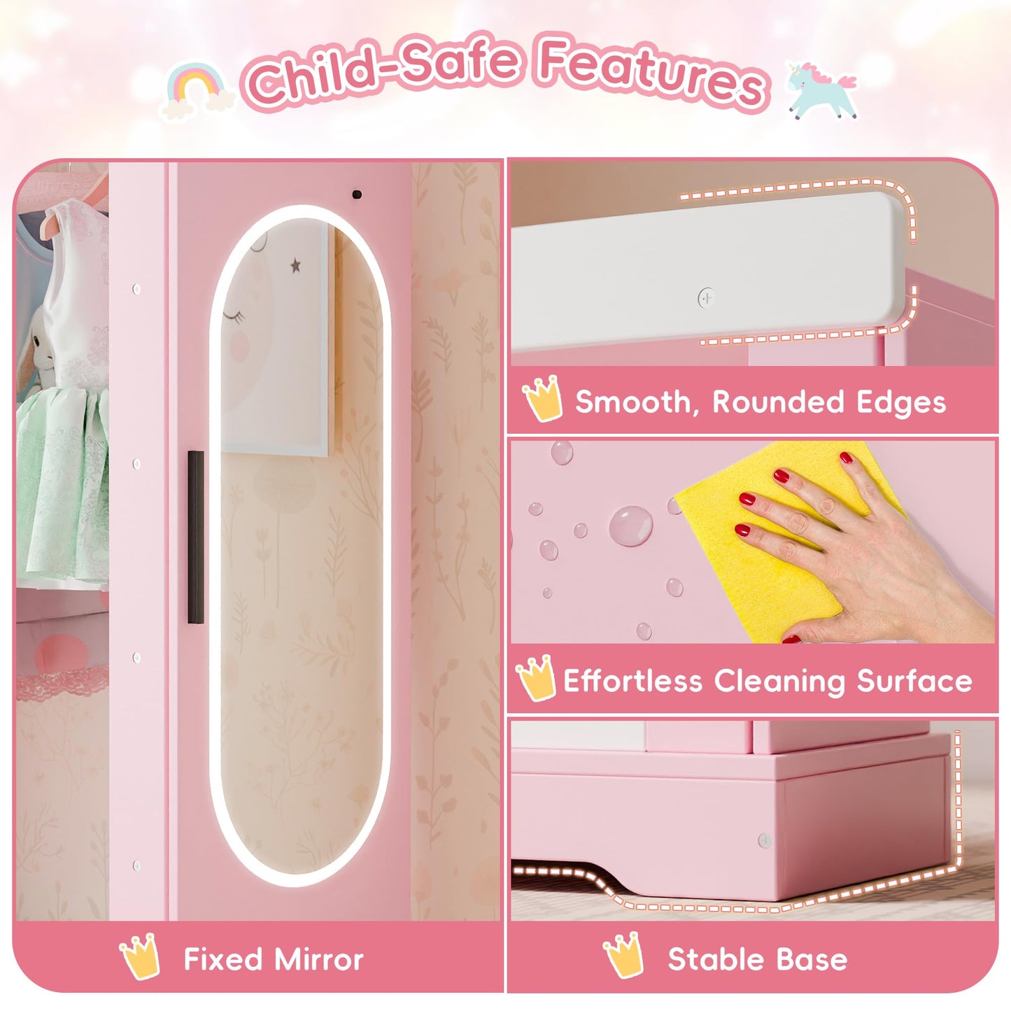 Xilingol Kids Armoire with Jewelry Cabinet, Dress up Storage with Mirror and Shelves, Princess Dress Closet and Costumes Wardrobe Closet, Costume Organizer for Bedroom, Kids Room, Girls (Pink)