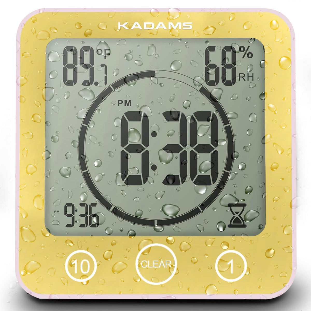 KADAMS Shower Clock Waterproof Bathroom Timer – Digital Wall Clock with Countdown, Magnetic Kitchen Clock with Temperature & Humidity, Suction Cup for Kids Shower Spa Sauna Cook Bath (Yellow)