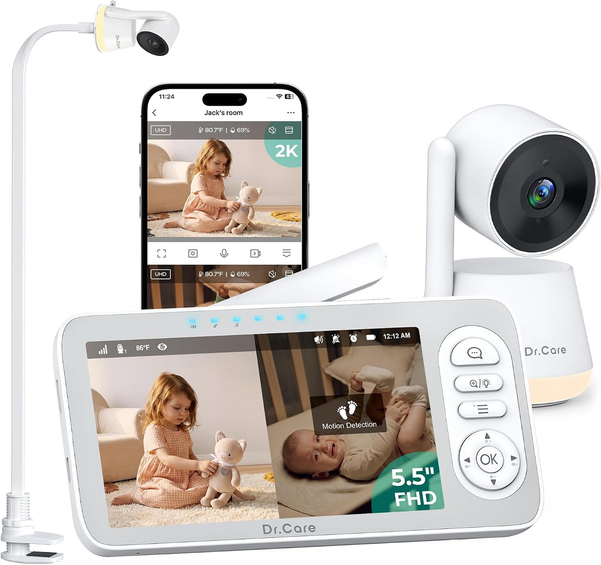 Dr.Care LumiView Plus Smart WiFi Baby Monitor with Clip Mount, 5.5" 1080P