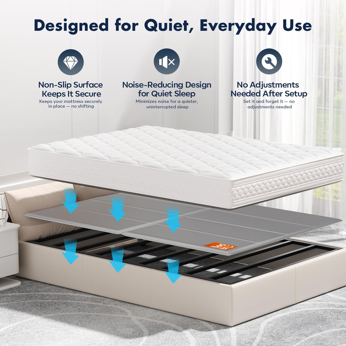 BedBro Bunkie Board Full 10mm (54" x 75") – Gray Under Mattress Support, Anti-Sag & Noise-Free, Breathable Low Profile Bed Board for Metal Frame, Slatted Beds& Platform