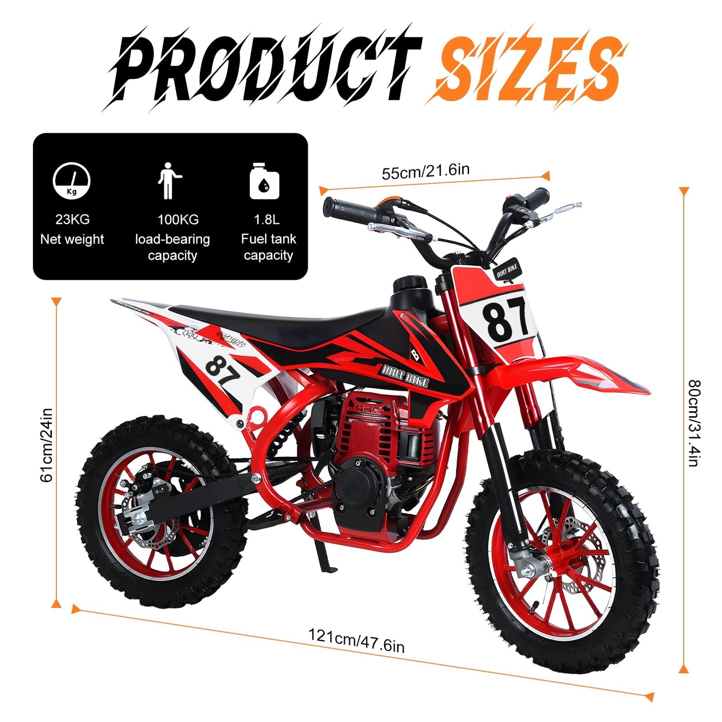 gihusrzx Kids Dirt Bike, 50CC 4-Stroke Gas Powered Mini Dirt Bike, Off Road Dirtbike Motorcycle Mini Bikes, 22 MPH Max Speed, Easy Pull Start, Front & Rear Disc Brakes, 220 LBS Capacity Red