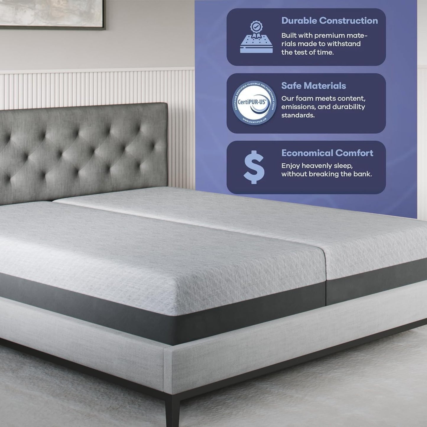 Celestial Sleep 12 Inch Split King Mattress, Made in The USA, CertiPUR-US®, Oeko-Tex®, and Fiberglass-Free™ Certified Cooling Bed, Gel Memory Foam Mattress in a Box - Soft