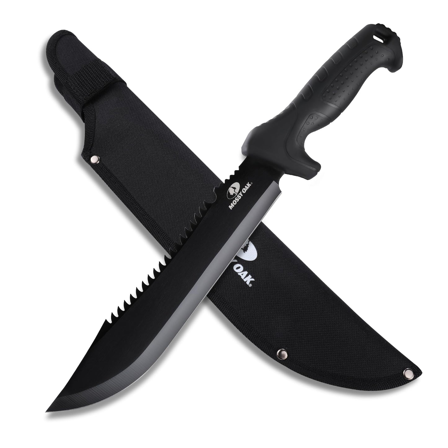 Mossy Oak 16" Heavy Duty Machete with Saw and Sheath, Sharp Dual-Edge Blade, Ergonomic Non-Slip Handle for Bushcraft, Outdoor Hunting, Garden Cutting and Yard Work