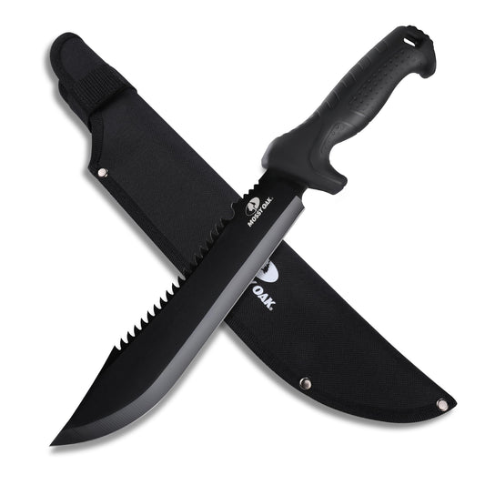 Mossy Oak 16" Heavy Duty Machete with Saw and Sheath, Sharp Dual-Edge Blade, Ergonomic Non-Slip Handle for Bushcraft, Outdoor Hunting, Garden Cutting and Yard Work