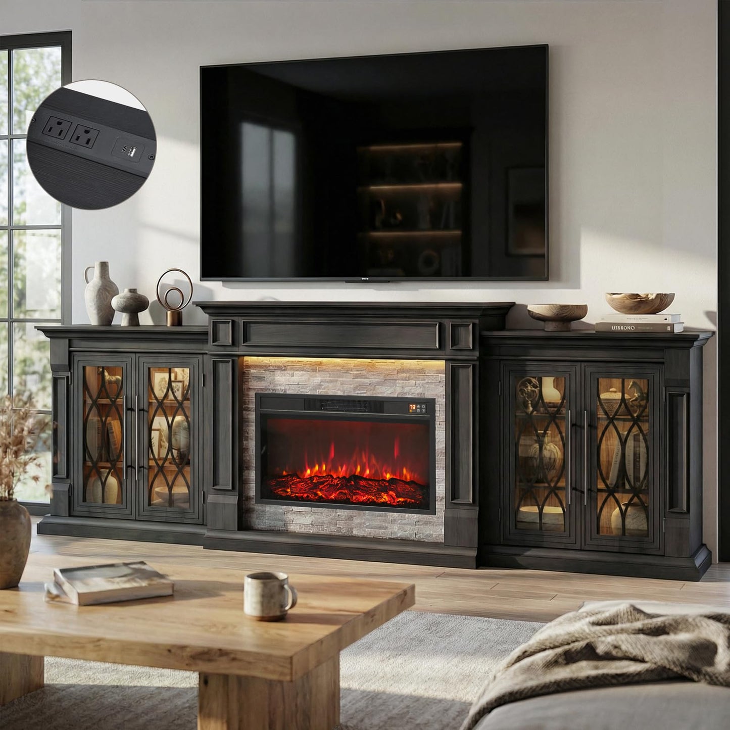 LGHM 104" LED Fireplace TV Stand with Outlet for TVs Up to 100 Inch, Electric Fireplace with Mantel, Entertainment Center with Storage, 30'' Fireplace Heater Insert with for Living Room, Black