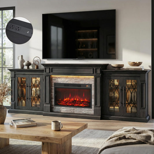 LGHM 104" LED Fireplace TV Stand with Outlet for TVs Up to 100 Inch, Electric Fireplace with Mantel, Entertainment Center with Storage, 30'' Fireplace Heater Insert with for Living Room, Black