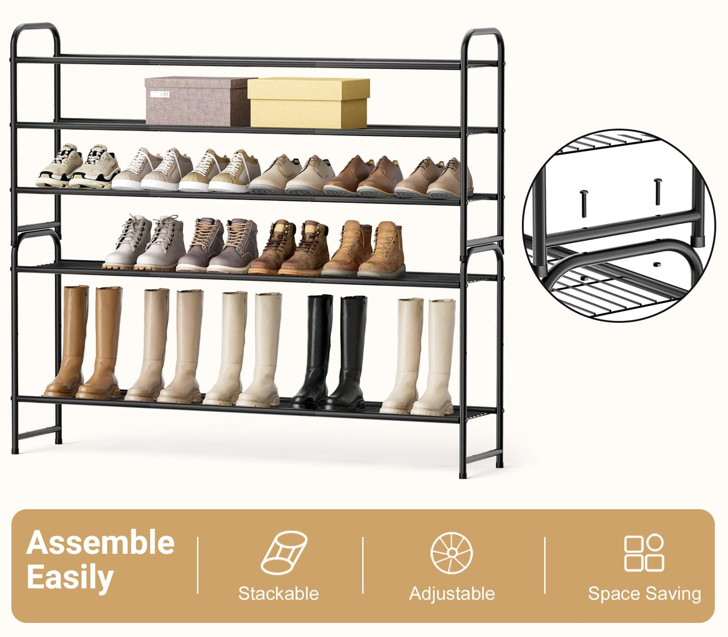 KEETDY 3-Tier Long Shoe Rack for Closet Metal Shoe Organizer for Entryway, Wide Stackable Shoe Storage Shelf with Sturdy Wire Grid for Closet Floor, Bedroom, Black