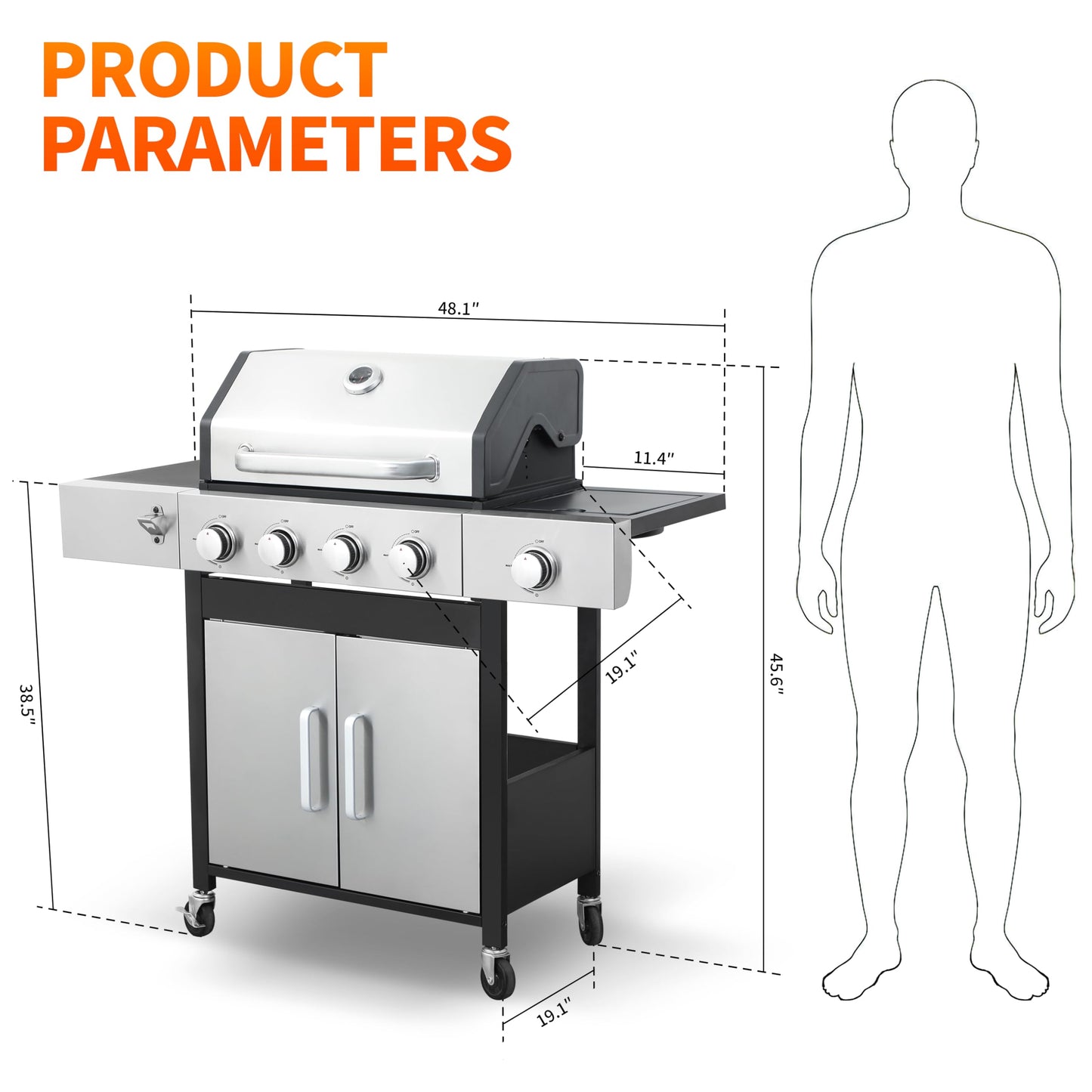 IdeaMaxx Propane Gas Grill 4 Burner, 49,000 BTU Outdoor BBQ Grill with Side Burner, Porcelain Cast Iron Grates & Stainless Steel, Fast Heating for Backyard, Camping, Tailgating
