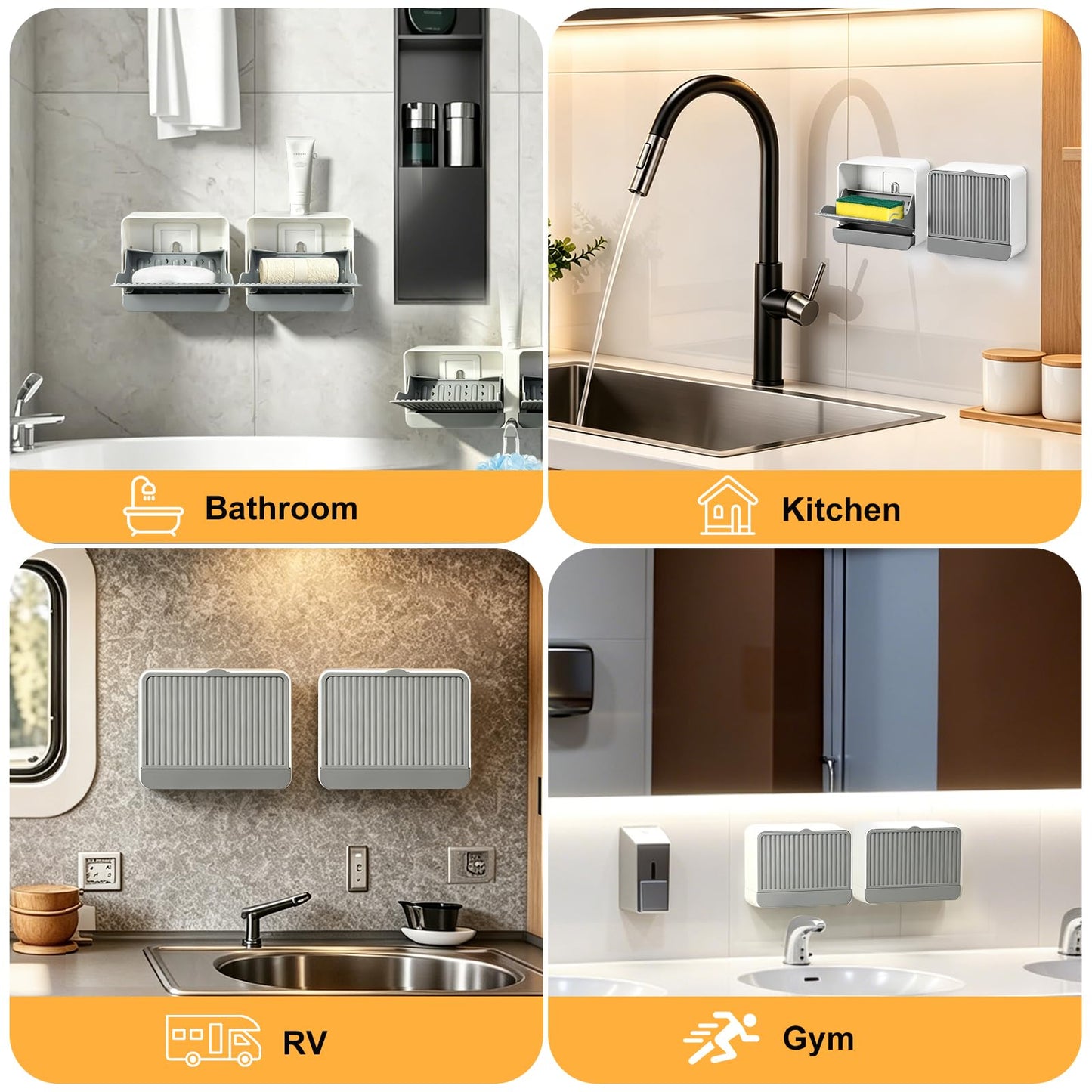 Strong Suction Cup Wall-Mounted Soap Dish Holder, 2-Layer Draining Tray with Removable Container, Keeps Soap Dry for Bathroom, Shower, Sink, Kitchen- Space Saver (Grey-Single Compartment)