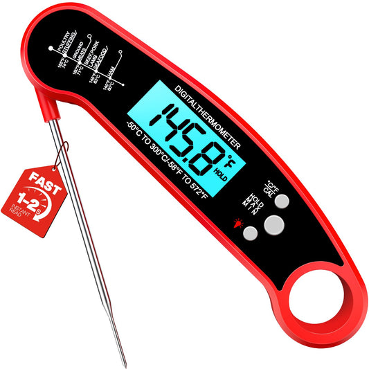 Meat Thermometer Digital – Instant Read Food Thermometer for Grilling, BBQ, Air Fryer, Smoker, Candy Making with Foldable Probe, Kitchen Gadgets, BBQ Essentials, Gift for Dad Men Husband Him, Red