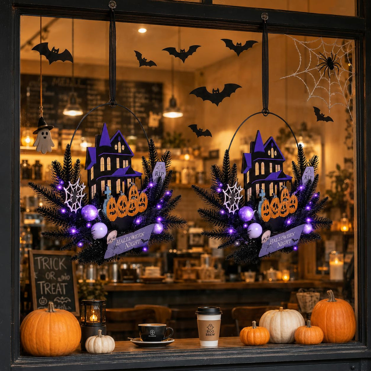 Amadecohome Halloween Wreath with Lights, 15.7 Inch, 6H On/18H Off Timer