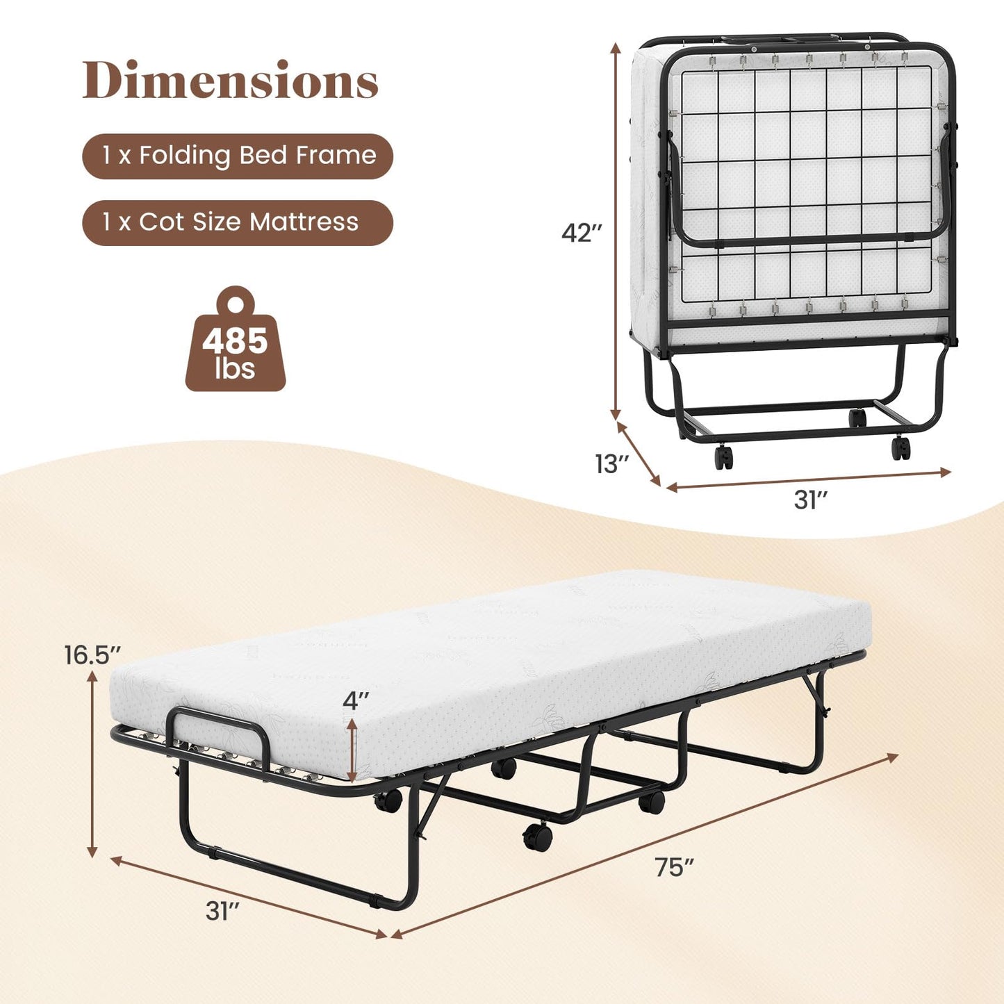 KOMFOTT Folding Bed with Mattress, Cot Size Rollaway Guest Bed with Heavy-Duty Metal Frame & Lockable Wheels, Space Saving Portable Fold up Sleeper Beds for Office, Apartment, Small Spaces