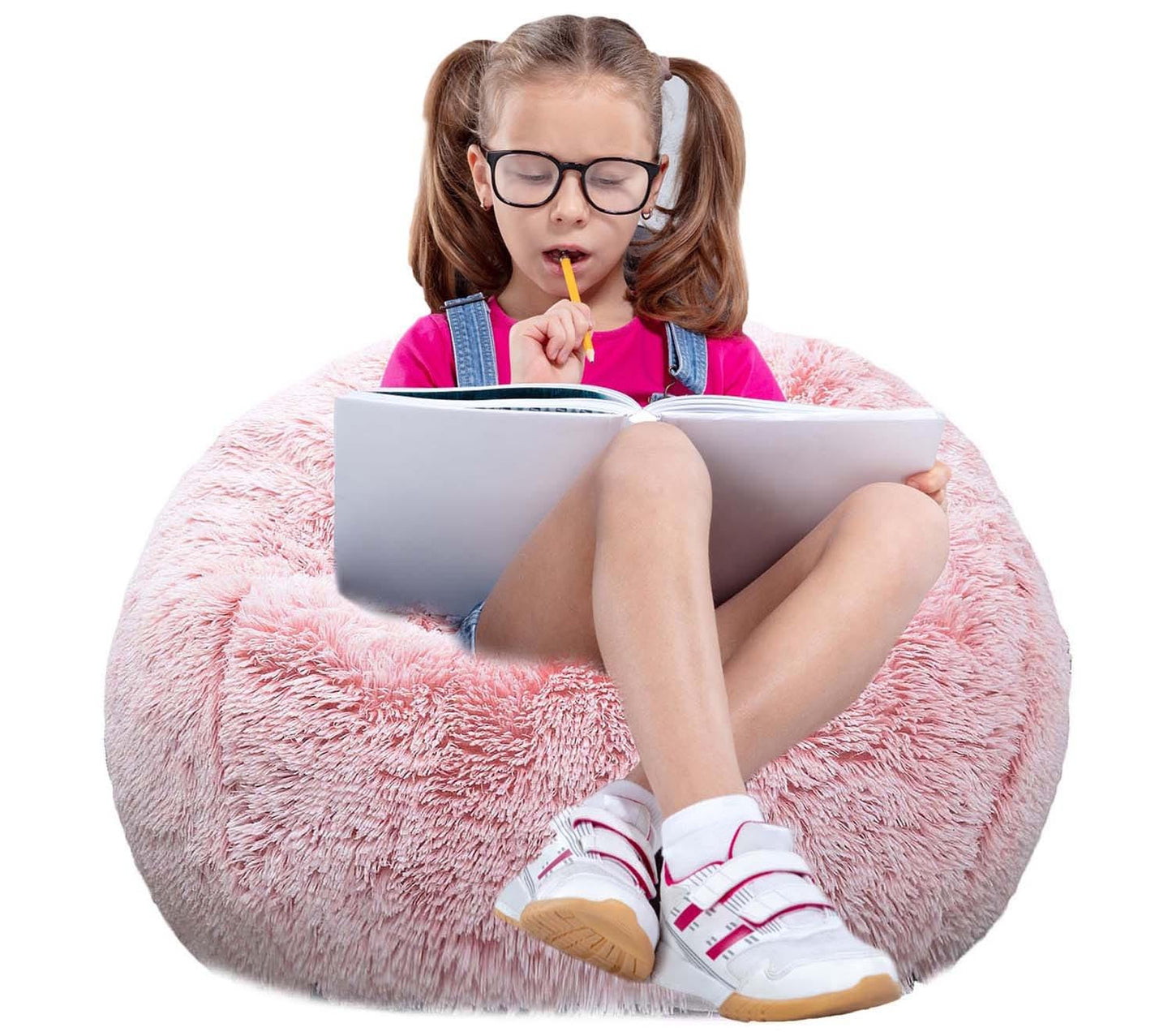 Fluffy Bean Bag Chair for Kids, 2.5FT Round Memory Foam Filled Bean Bag for Teens & Kids, Ultra Soft Faux Fur Fabric Bean Bag Chairs for Playroom, Living Room, Bedroom,Pink