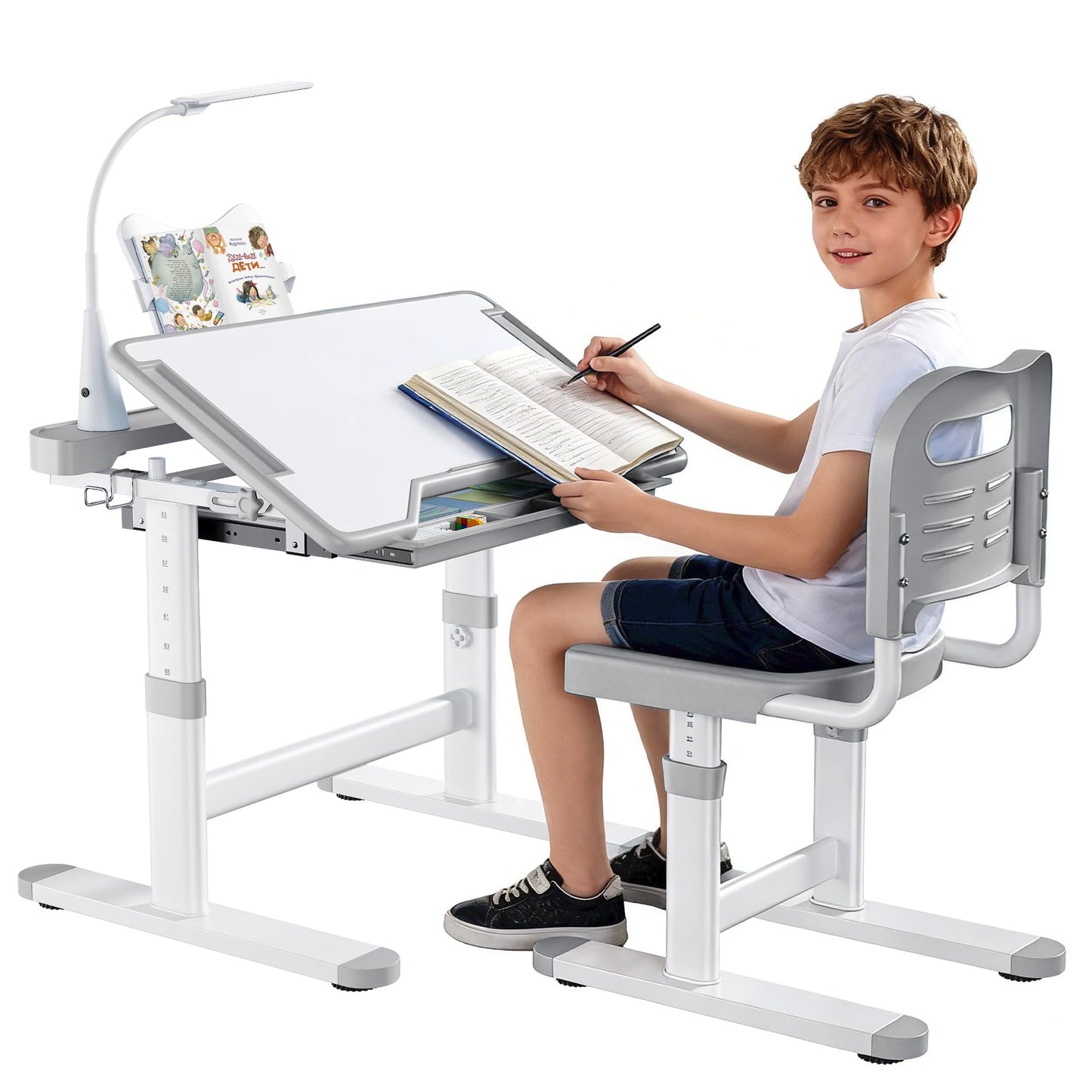 Decofy Kids Desk and Chair Set, Height Adjustable Desk for Kids Ages 3–12 with Tilted Desktop 0–55°, 3 Modes & Brightness LED Lamp, Study Table with Drawer & Metal Hook for Boys Girls (Gray)
