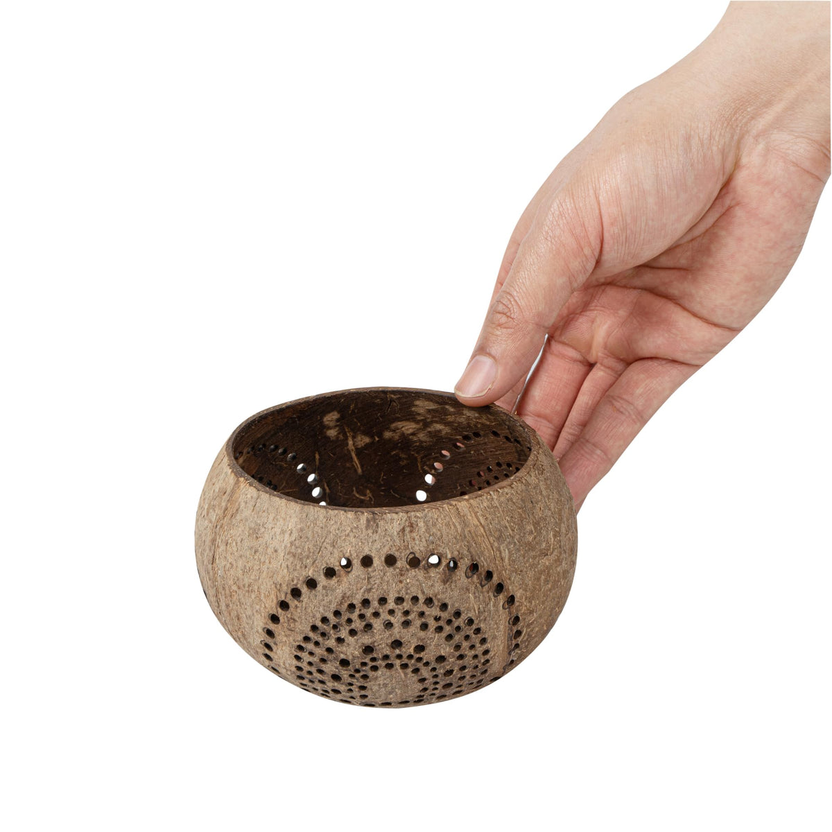 Restaurantware-Coco Casa 4 x 3.3 Inch Coconut Shell Candle Holders, 1 Reusable Tealight Holders - Candle Not Included, Rainbow Pattern, Tan Coconut Bowls For Candles, Handcrafted