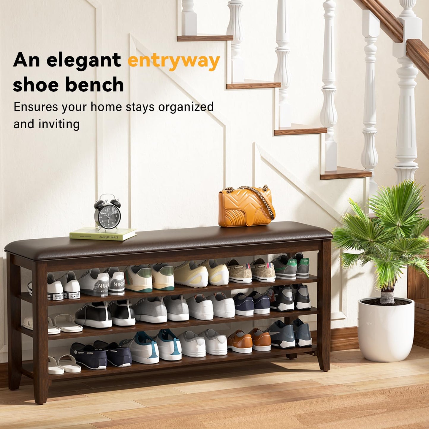 Taitiy Shoe Bench Storage Rubberwood with Leather Cushion for Entryway Bench Ideal for Hallways Shoe Rack Front Doors Entrances Mudrooms Featuring 3 Height-Adjustable and Removable Shelves