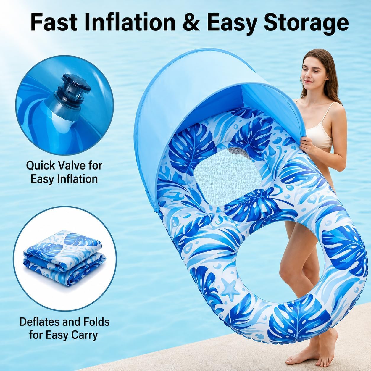 Pool Floats Adult with Canopy, Inflatable Lounger Float with Adjustable Sun Shield & Cup Holders, Water Chair for Swimming Pool Party