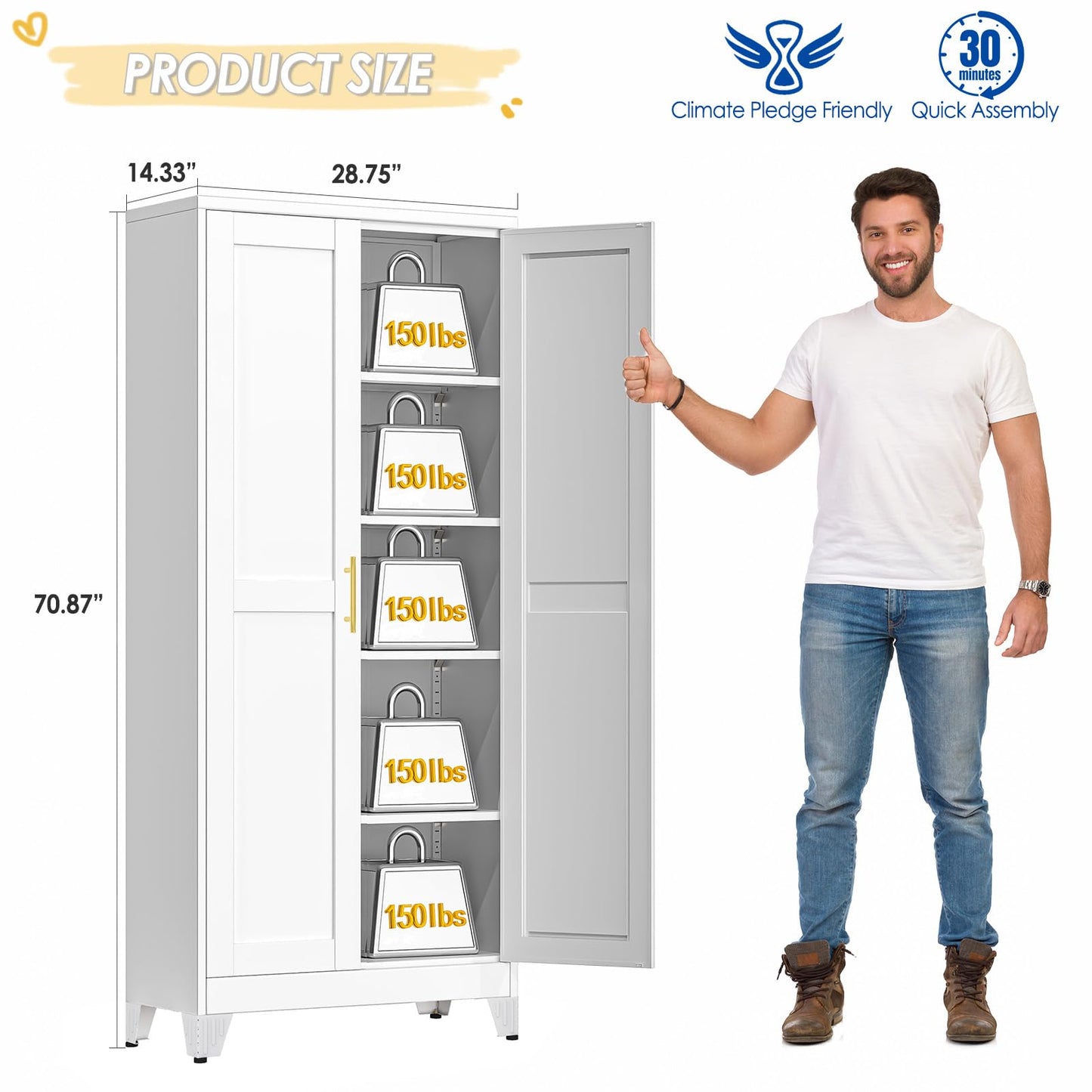 GAIOUS 71" Tall Metal Storage Cabinet with 2 Doors and 4 Adjustable Shelves, Kitchen Pantry Cabinet White Freestanding Cupboard, 5 Tier Multifunctional Steel Storage for Office, Kitchen, Dining Room