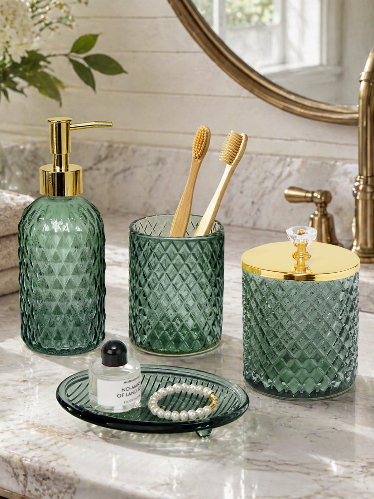 Haturi Glass Bathroom Accessories Set, Sage Green Bathroom Set, 4 Pcs