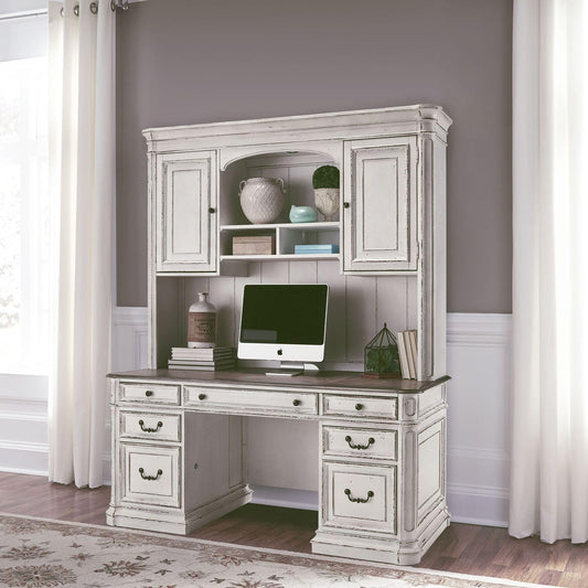 Liberty Furniture Magnolia Manor Credenza Desk & Hutch for Home Office - Antique White & Weathered Bark