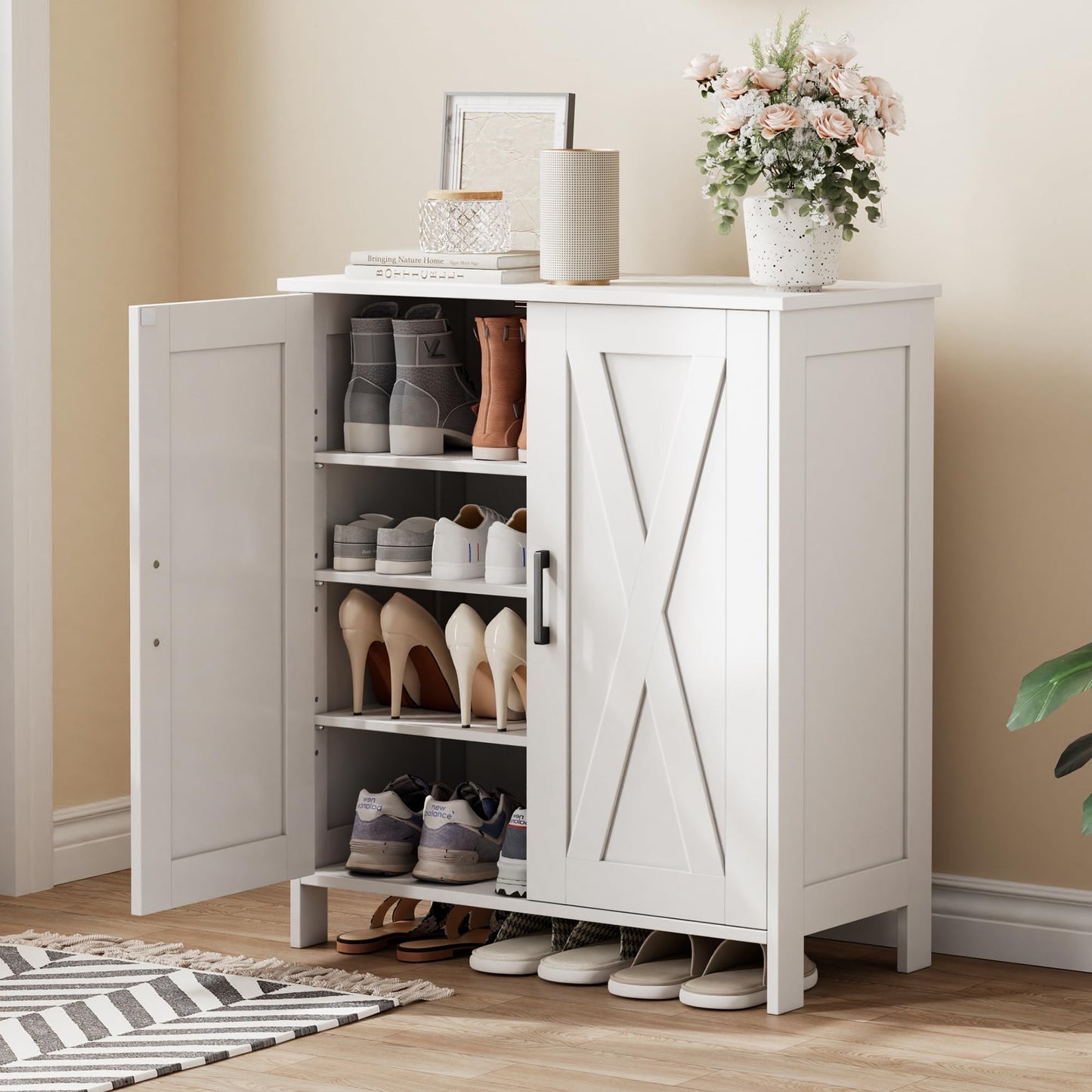 Homleke Farmhouse Shoe Cabinet with 2 Barn Doors & Wood Legs