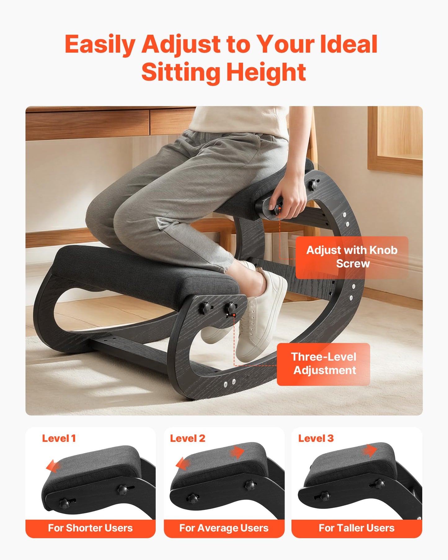 VEVOR Ergonomic Kneeling Chair, Wooden Posture Knee Chair with Adjustable Thick Foam Cushions & Solid Wood Frame, Adjustable Height, Relief for Neck or Back Pain for Home, Office or Meditation, Black