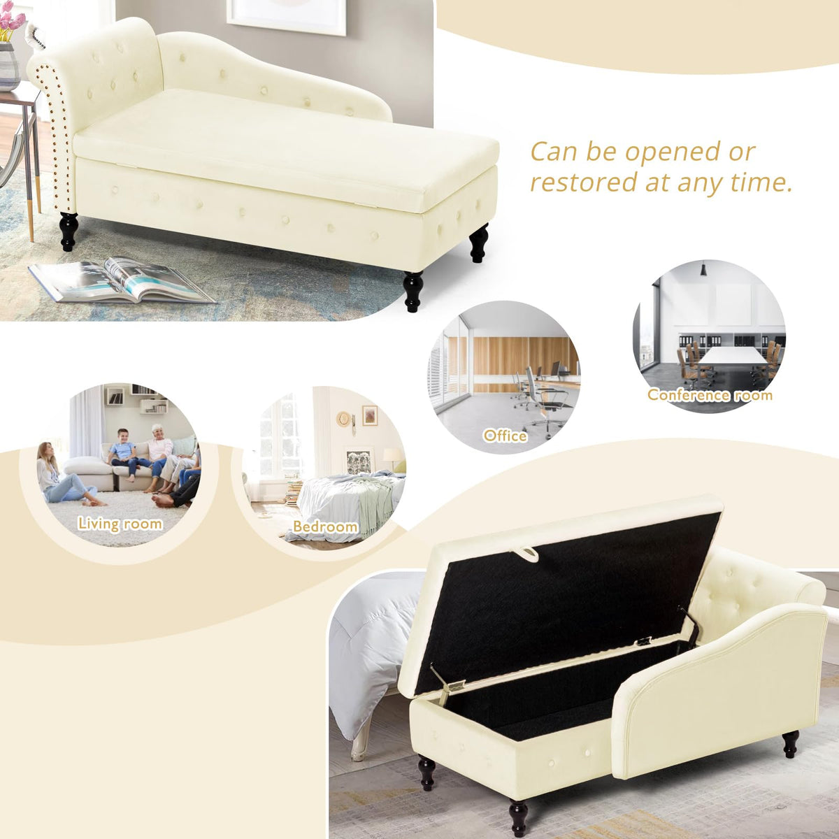 ACMEASE Velvet Chaise Lounge w/Left Armrest & Storage Space, Beige