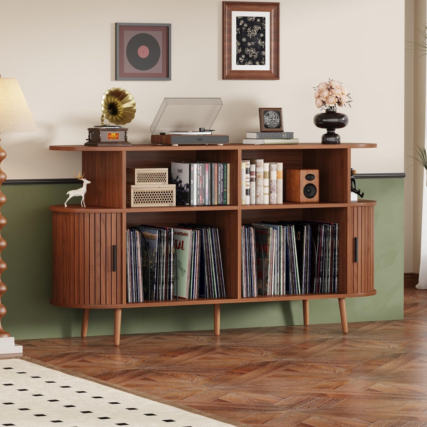 LMSXG-MZ 55.1" Large Record Player Tv Stand with Charging Station & Music-Activated Lights, Mid-Century Modern Vinyl Storage Cabinet W Curved Sliding Doors, Fluted Turntable Stand (Walnut, 55.1")