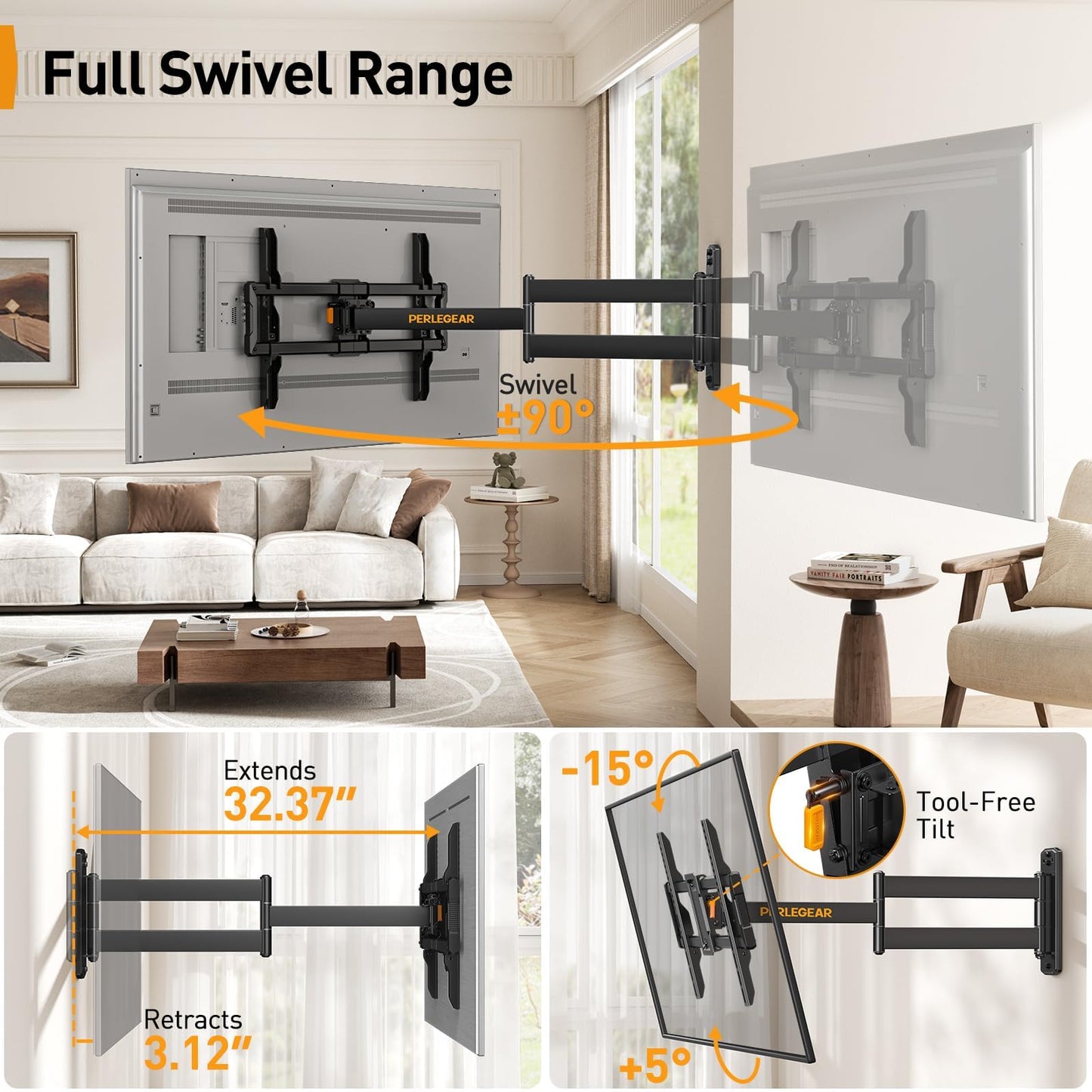 Perlegear Corner TV Wall Mount Long Arm TV Mount Bracket for 37-75 Inch TVs