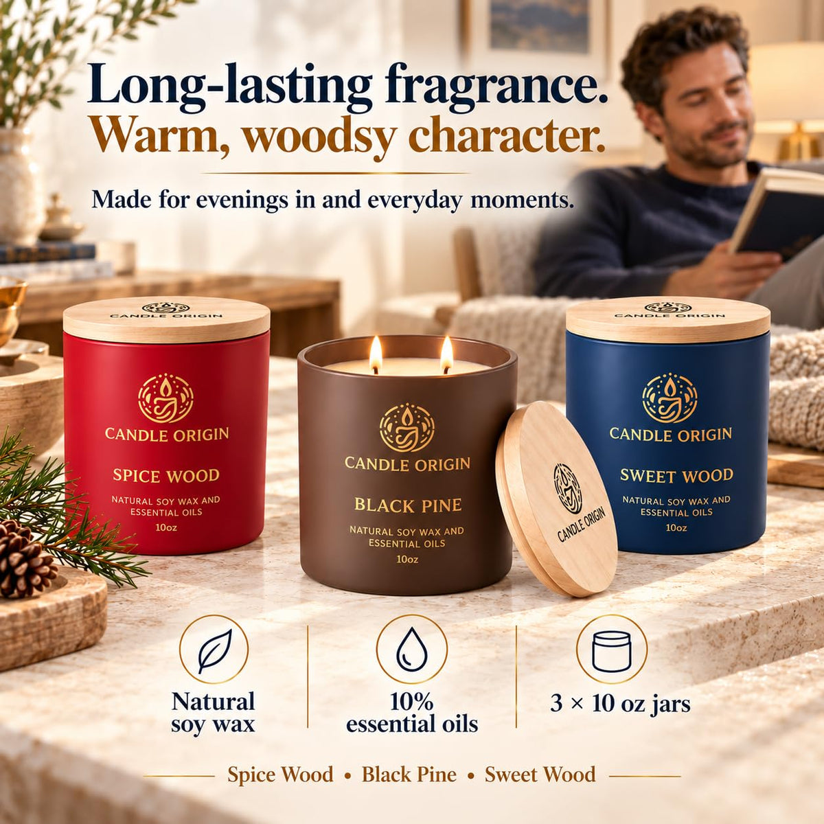 Scented Candles for Men, Premium Gift Set 3x10oz, Strong Long Lasting Soy