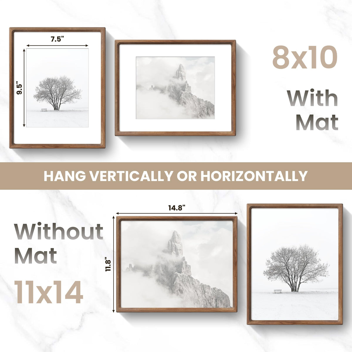 Dreamland 11x14 Picture Frame, USA-Sourced Walnut Wood Photo Frames with HD Tempered Glass, 11 x 14 Wooden Frame Matted to 8 x 10, 11x14 Frames Handcrafted Rounded Corner for Tabletop or Wall Display
