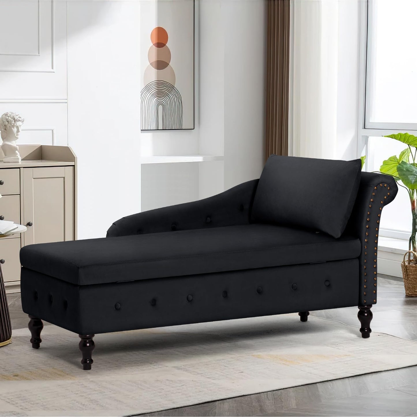 ACMEASE Chaise Lounge with Right Armrest & Lumbar Pillow,Button Tufted Lounge Sofa with Storage,Lounge Chair Indoor,Modern Upholstered Velvet Lounge Chair for Bedroom, Living Room and Office,Black