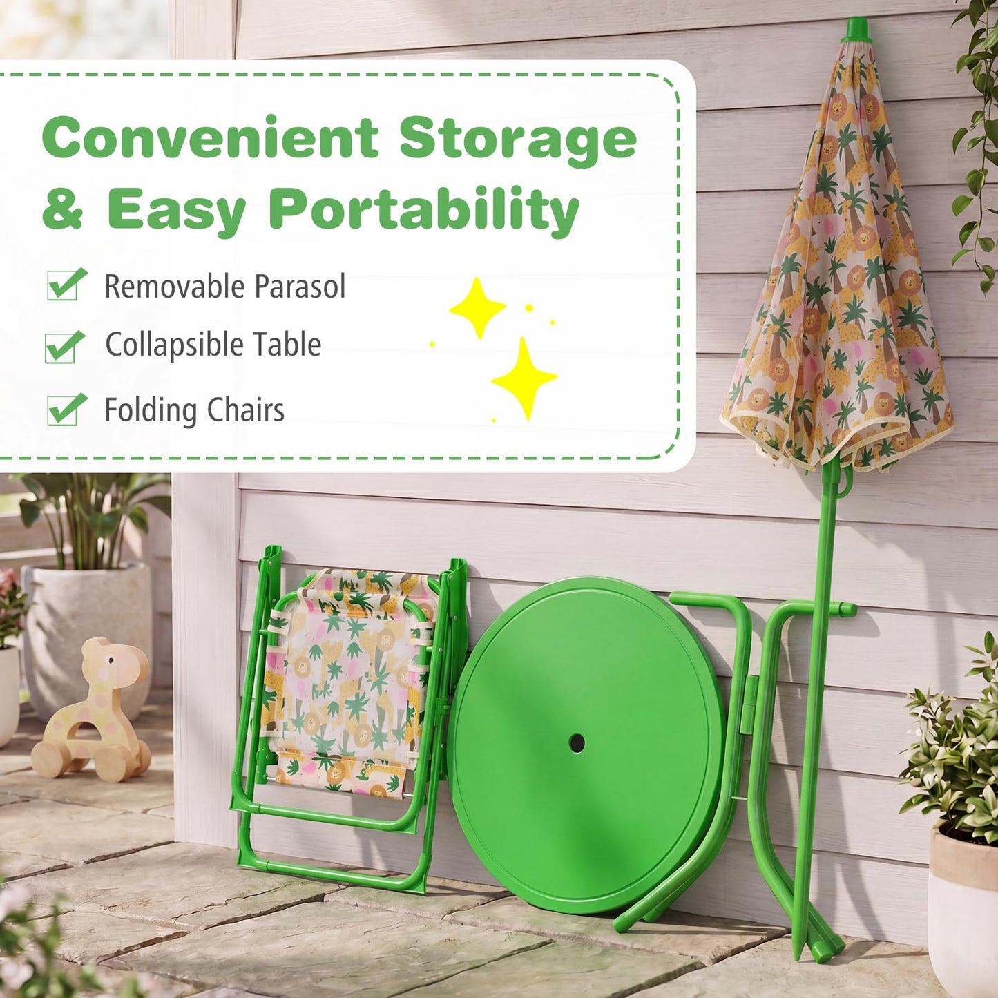 Costzon Kids Picnic Table, Kids Outdoor Table with 2 Folding Chairs, Height Adjustable Umbrella, Portable Children Outdoor Furniture for Patio, Garden, Backyard (Green Forest)
