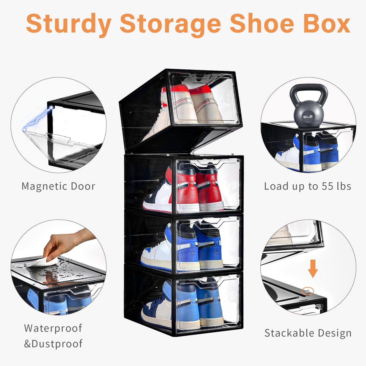 Stebopum 12 Pack Stackable Shoe Storage Organizer with Magnetic Door, Shoe Boxes Clear Black Plastic for Closet, Shoe Rack for Sneaker Boot Container, Shoe Cabinet Fit up to US Size 12