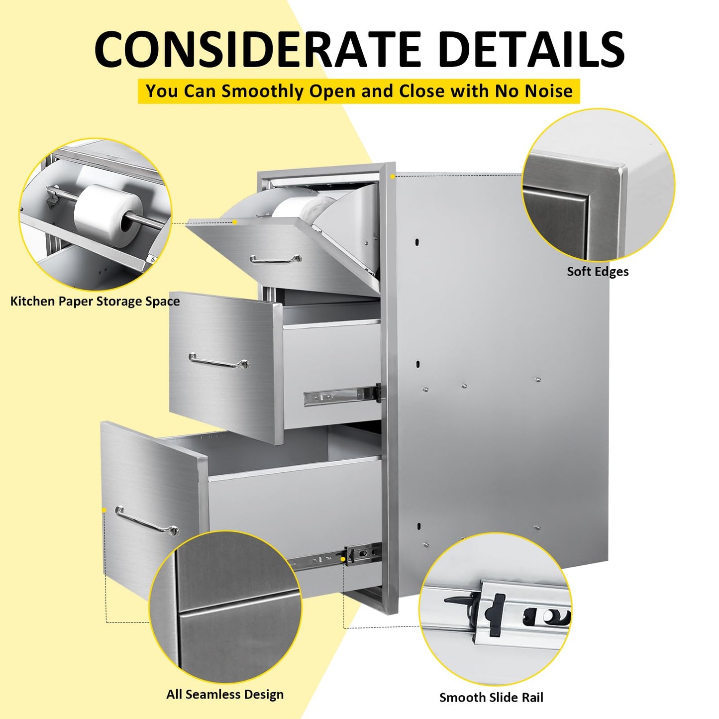 Outdoor Kitchen Drawers with Paper Towel Holder 17" W x 30"H Flush Mount BBQ Drawers with Chrome Handle,Stainless Steel Built-in Triple Access Drawers for Outdoor Kitchen Island, Patio Grill Station